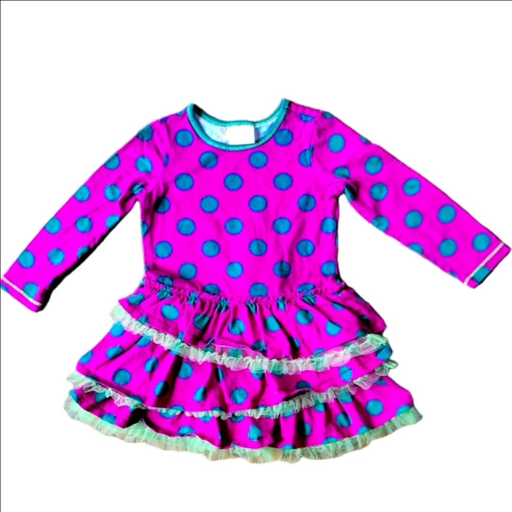 Hanna Andersson Pink Green Polka Dot Tule Dress Organic Cotton Long Sleeve Sz4-5